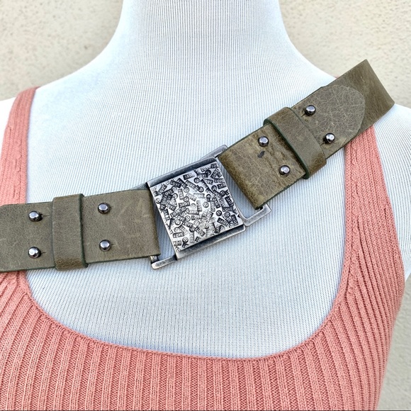 STREETS AHEAD leather belt unique green silver Love Buckle embossed hip waist L - Picture 14 of 14